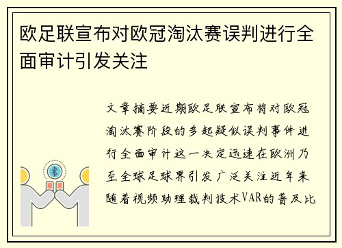 欧足联宣布对欧冠淘汰赛误判进行全面审计引发关注